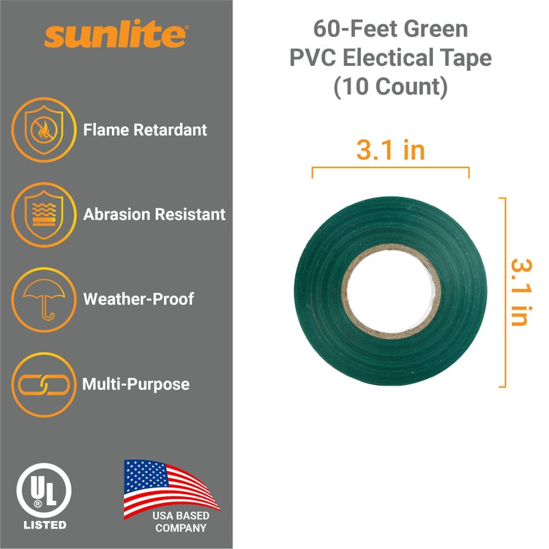 Sunlite 41412-SU 10-Pack PVC Electrical Tape, 60 Feet x 0.75 Inches, for Splicing, Protecting, and Insulating Wires, Abrasion Resistant, Flame Retardant, Weatherproof, UL Listed, Green - Image 2